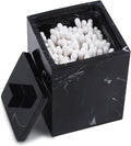 Jung Ford Qtip Holder for Bathroom with Lid – Square Cotton Swab Organizer, Cotton Ball Dispenser, Makeup Pad Container – Marble Look Resin Vanity Storage (Black)