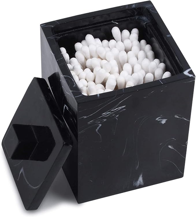 Jung Ford Qtip Holder for Bathroom with Lid – Square Cotton Swab Organizer, Cotton Ball Dispenser, Makeup Pad Container – Marble Look Resin Vanity Storage (Black)
