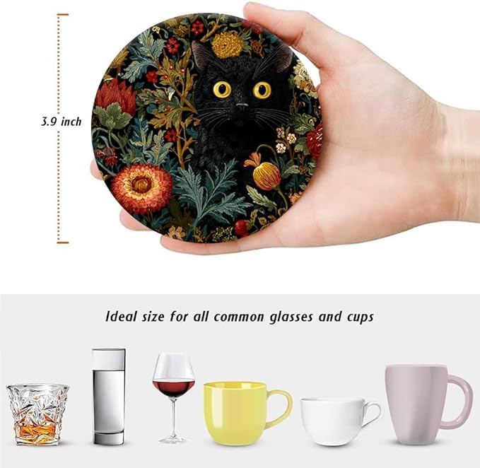 Vintage Absorbent Coasters with Holder Set of 6, Ceramic Stone with Cork Base, Black Cat Floral Design, Gift for Housewarming Room Bar Home Decor Kitchen