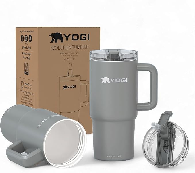 YOGI Ceramic Lined Metal Allergy Safe 24oz Tumbler with Handle and Straw Leakproof Flip & Sip Lid Vacuum Insulated Stainless Steel Travel Cup for Iced Coffee Water and All-Day Hydration 24oz Slate