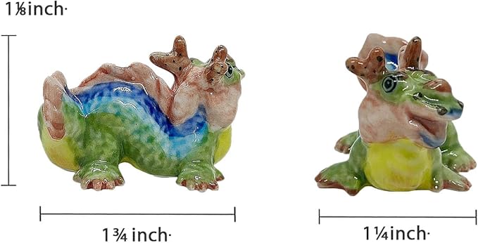 WitnyStore Tiny 1¾" Long Green Red Chinese Dragon Figurine - Miniature Hand Made Painted Ceramic Asian Dragons Mythical Creature Animals Colorful Decorative Collectible Figurines Home Décor Gifts