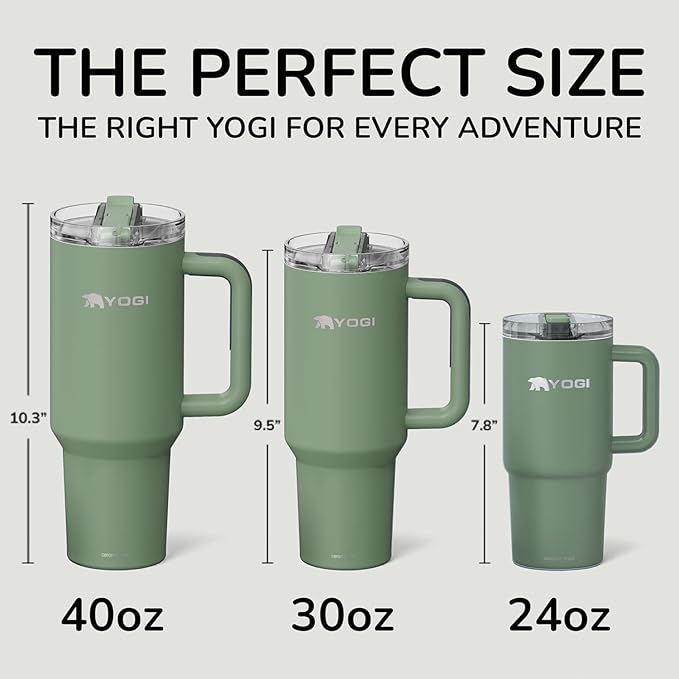 YOGI Ceramic Lined Metal Allergy Safe 40oz Tumbler with Handle and Straw Leakproof Flip & Sip Lid Vacuum Insulated Stainless Steel Travel Cup for Iced Coffee Water and All-Day Hydration 40oz Sage