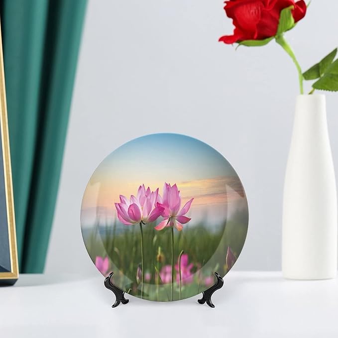 XISUNYA 10 Inch Decorative Plate, Lotus Ceramic Craft, Beautiful Asian Flower Blooming in Spring Meadow Print Ceramic Wall Hanging Decor Accessory for Dining Table Tabletop Home Decor