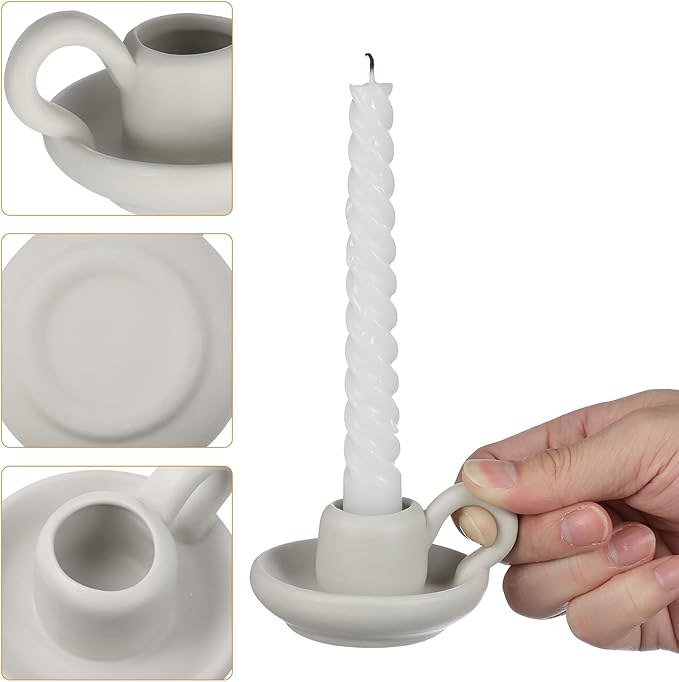 DOITOOL Ceramic Candle Holder with Handle White Taper Candle Holder Nordic Style Ceramic Candlestick Holders for Wedding Halloween Christmas Table Decoration Display (9.5 x 7cm) 2PCS