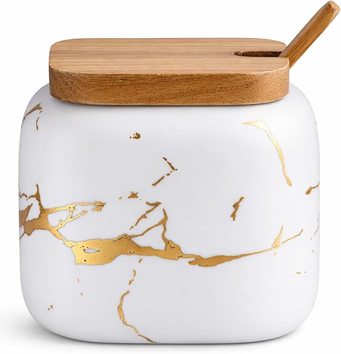 Marble Ceramics Sugar Bowl Ceramic Seasoning Box Ceramic Spice Jars Porcelain Condiment Pots with Lid and Spoon (White)