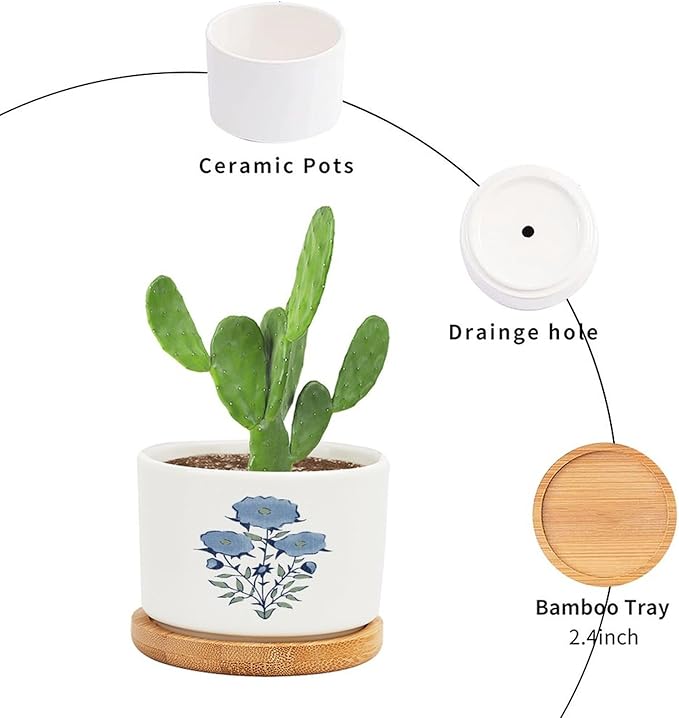 DreamAutumn Blue Flower Ceramic Pots for Plants with Drainage Holes Round Flower Pot Bamboo Tray Orchid Pot Succulents Pots for Outdoor Indoor Plants,Housewarming Gifts