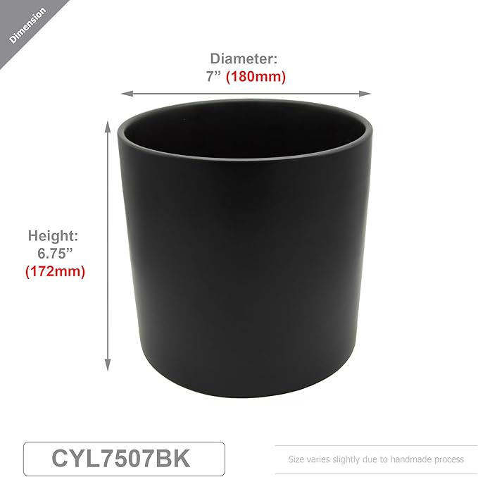 WGVI Black Ceramic Cylinder Vase Width 7" Height 6.75", Flower Arrangements, Candle Holder, Terrarium Planter Pot, Storage Container Organizer, Pen Brush Holder, 1 Piece