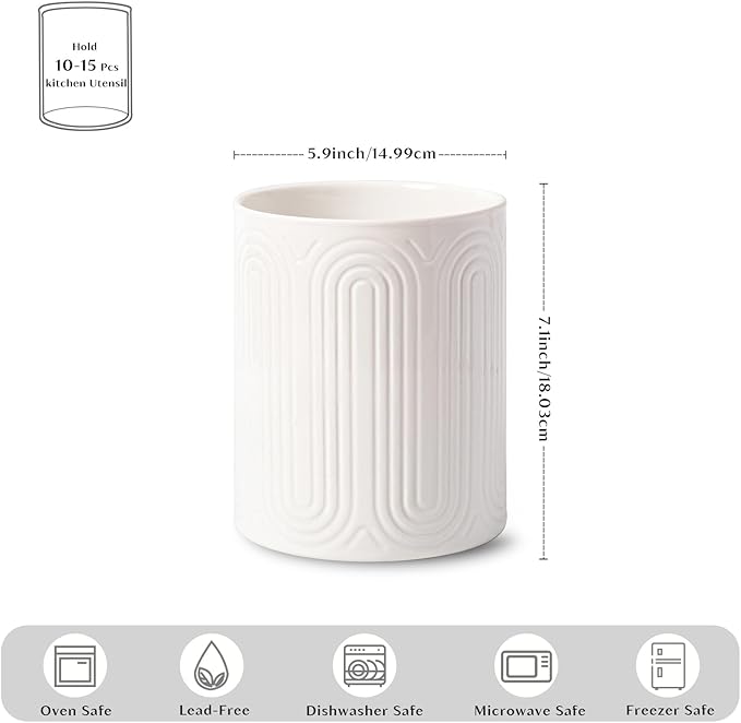 INSETLAN 7.1" Ceramic Utensil Holder, Kitchen Utensil Organizer for Countertop, Arch-Design Utensil Crock for Farmhouse Decor & Kitchen Counter, Perfect Housewarming Gift