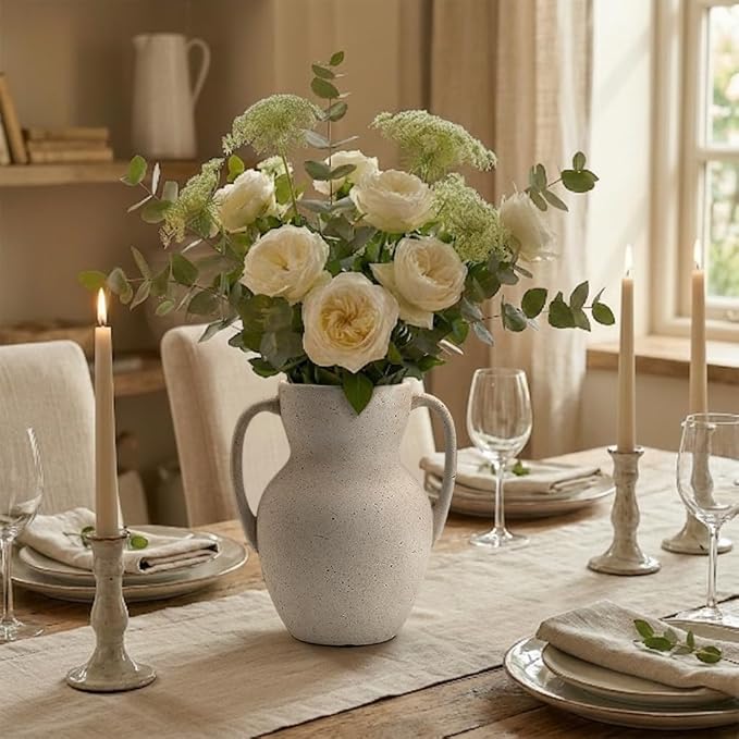 Emotionally Grounded Vase, Vaseking Large Ceramic Rustic Vase with 2 Handles, 8.6 inch Minimalist Decorative Farmhouse Vases for Home Decor, Living Room, Enterway, Table Decoration, Speckled White