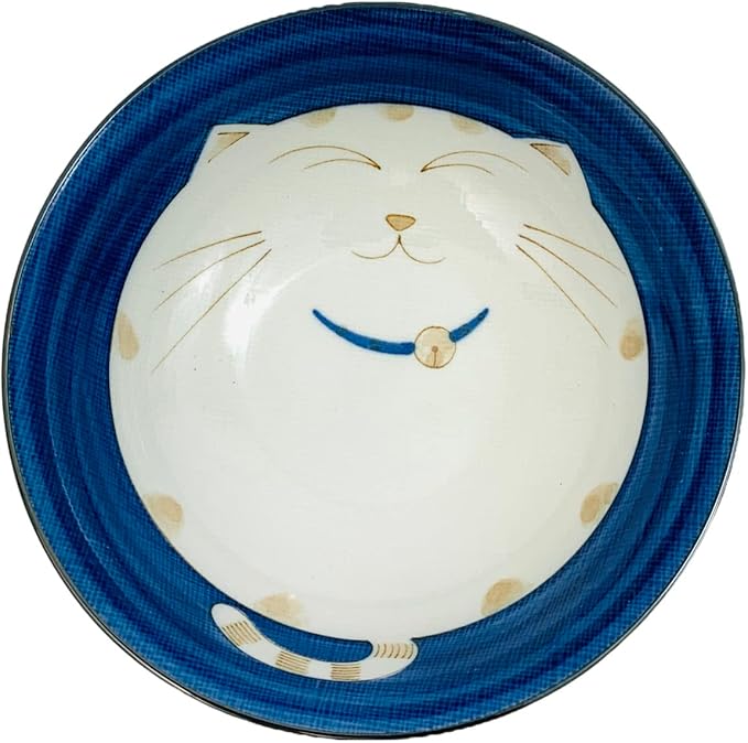 JapanBargain, Set of 4 Japanese Porcelain Bowls, Large 7.5 Inch Ramen Udon Noodle Rice Soup Pho Poke Cereal Bowl, Maneki Neko Smiling Lucky Cat Pattern, Blue, Made in Japan