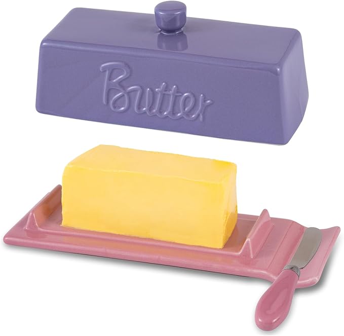 TEATALK Ceramic Butter Dish with Lid and Knife - Large Butter Holder, Farmhouse Style, 8-Inch Porcelain Butter Keeper with Scraper Edge, Purple & Pink