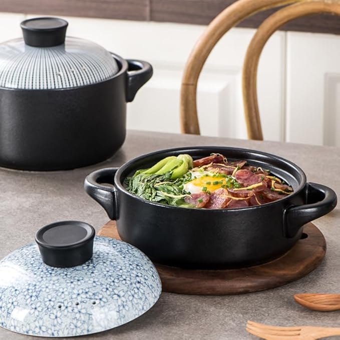 Japanese Clay Pot for Cooking with Lid - Ceramic Casserole Dish & Korean Stone Pot Alternative - Durable Earthenware Nabe Cookware for Rice, Stew & Miso Soup (Non-stick Glaze),3.5L,E