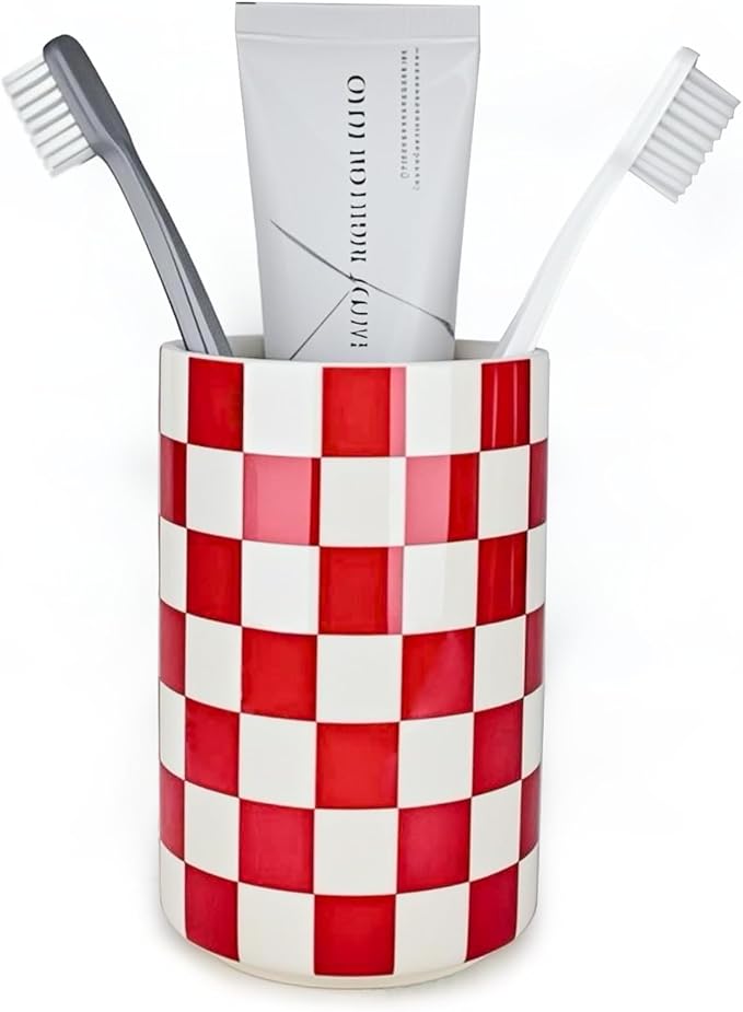 Ceramic Toothbrush Holder, Red Tooth Brush Holders for Bathrooms, Modern Cute Toothbrush Tumbler/Cup, Toothbrushes Toothpaste Dispenser for Countertop Storage, Checkered Bathroom Decor