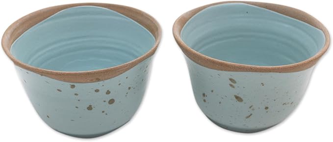 NOVICA Artisan Handmade Ceramic Dessert Bowls in Java Pair Blue Indonesia Tableware Dinnerware Rustic [ 3.1in H x 5in Diam. 8 Oz.] ' Blue Bell' Pair