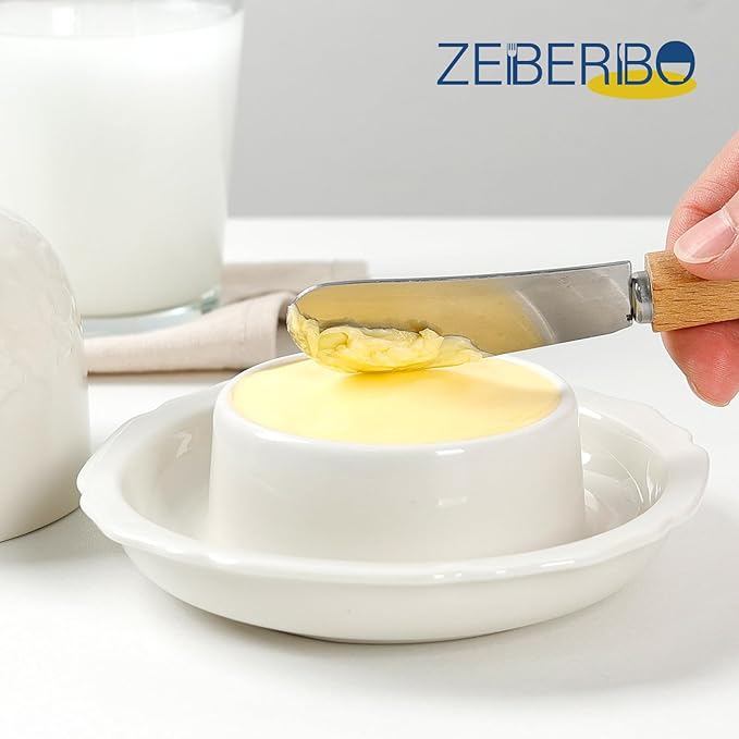 Butter dish, Ceramic Small Butter Dish with Lid, 2025 NEW Original Design Mini Butter Crock Keeper with Handle, 17 OZ Mini Butter Container Cover and Water Sealing 2 Ways Sealing (Flower)