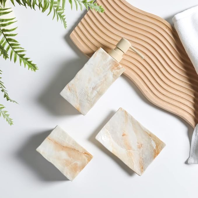 Bathroom Accessories Set 4 Pcs Marble Look Sets Toothbrush Holder Soap Dispenser Counter Top Ceramic Bathroom Decor Set Beige