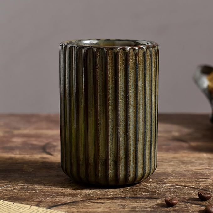 Stoneware Coffee Bar Utensil Holder Tea & Coffee Spoon & Stirrer Holder for Stir Stick Straw Teaspoon Holder Spoon Cup Small Utensil Jar Fluted Vertical Stripe (Bronze)