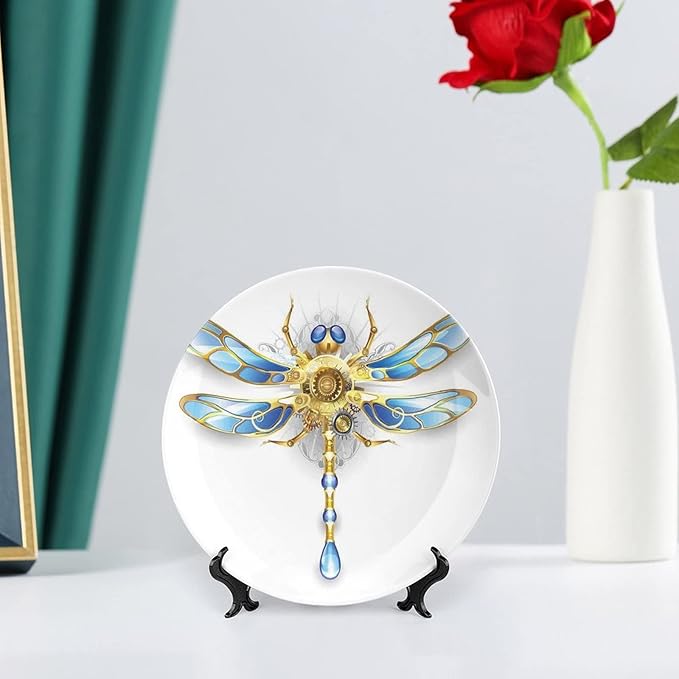 XISUNYA 7 Inch Decorative Plate, Dragonfly Ceramic Plate, Close Up View of Mechanical Dragonfly with Multifaceted Eyes Print Ceramic Wall Hanging for Home & Office Wall Hanging Decor