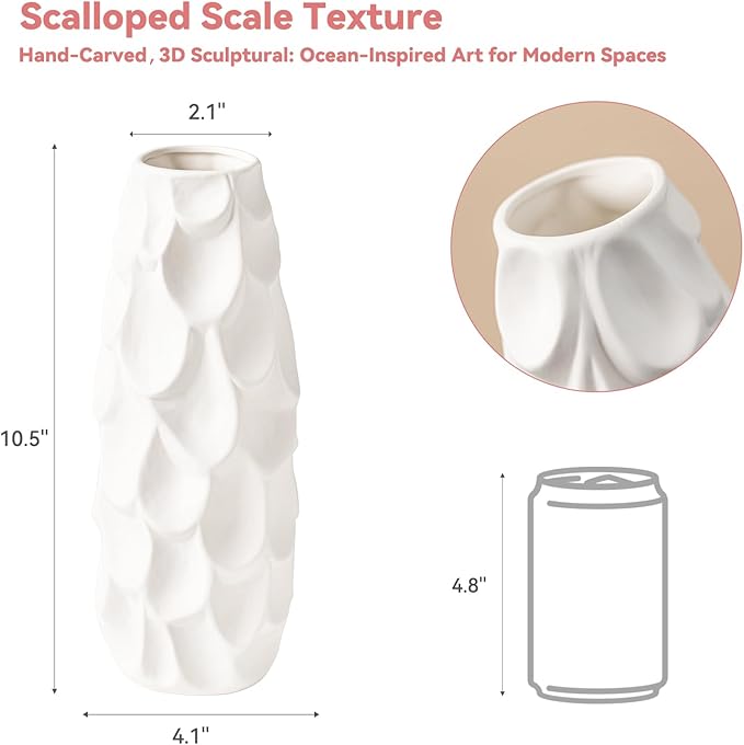 Scalloped Scale Vase - White Matte Ceramic with Textured Sculptural Design, 10.5" Unique Flower Vase for Centerpieces,Decorative Boho Vase for Living Room/Office,Ideal Valentine Gift for Art Lovers