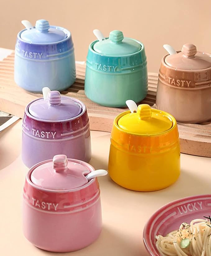 Colourful Ceramic Spice Jar Seasoning Box Condiment Pot Sugar Bowl with Lid Spoon-Green