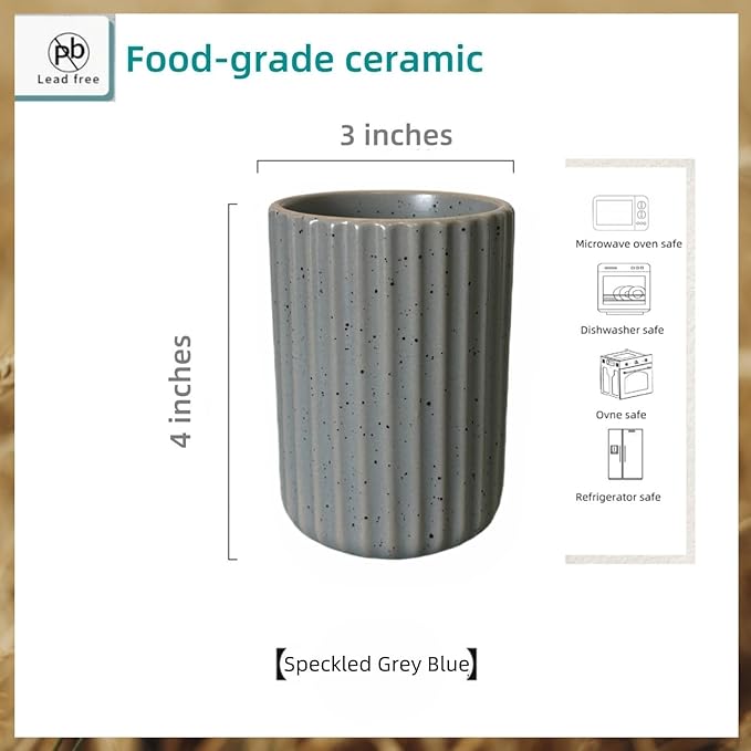 Stoneware Coffee Bar Utensil Holder Tea & Coffee Spoon & Stirrer Holder for Stir Stick Straw Teaspoon Holder Spoon Cup Small Utensil Jar Fluted Vertical Stripe (Blue Grey)