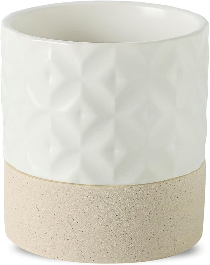 Nihow Self Watering Plant Pot: 4.5 Inch Ceramic Planter with Drainage Hole & Water Storage Plus for Indoor & Outdoor Plants - Cylinder Flower Pot for Herbs/Violets - Matte White & Brown Star
