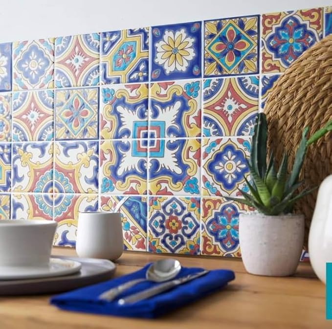 DYARI Set of 9 Decorative Ceramic Tiles – Hand Painted Indoor & Outdoor – Artisan Top Kitchen – Mediterranean Decorative 4x4 / One Tile Durable Colorful (Yellow & Red, 9 Tiles (1 Sq Ft))
