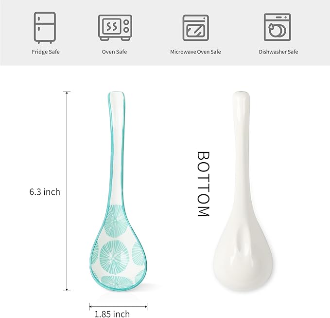 Selamica Asian Ceramic Soup Spoon Set of 6, 6.3 Inch Ramen Spoons, Japanese and Chinese Styles, Assorted Colors