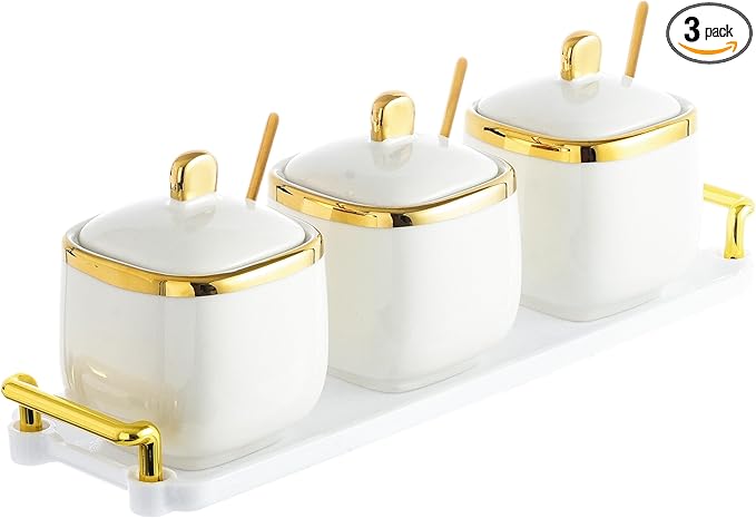 3 Pack Gold Condiment Spice Jars with Lids, Spoons, Tray - Ceramic Seasoning Box Set for Salt, Pepper, Sugar - Kitchen Storage