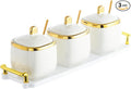3 Pack Gold Condiment Spice Jars with Lids, Spoons, Tray - Ceramic Seasoning Box Set for Salt, Pepper, Sugar - Kitchen Storage