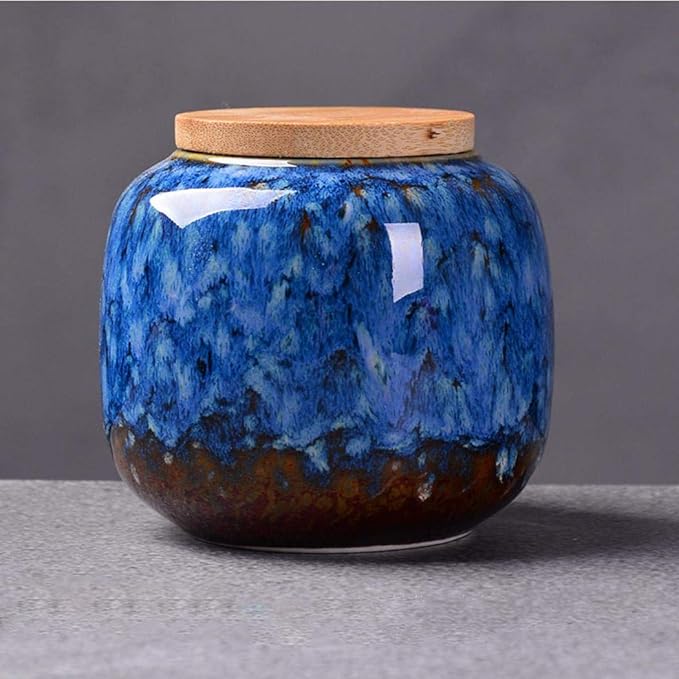 Gets Vintage Chinese Style Ceramic Storage Jars with Bamboo Lid, Traditional Tea Tins Cans Canister for Kitchen Spice, Tea, Coffee, Condiment (Dark Blue, 8x7.3 cm)