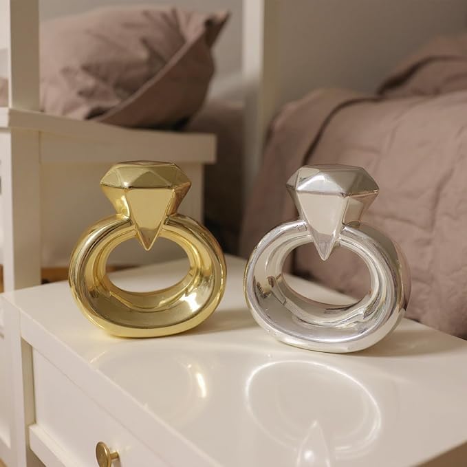 Zerzsy Set of 2 Statues Figurine Home Decor, Golden Modern Abstract Statue for Living Room Bedroom Shelves Wedding Decoration, Large Diamond Ring Love Decorative Sculpture-Gold & Silver