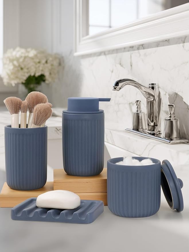 INGOFIN 4 Pcs Ceramic Bathroom Accessory Set - Liquid Soap Dispenser, Toothbrush Holder,Contain Cotton Swab Jar & Soap Dish,Countertop Accessories for Home, Guest Bathroom, Office, Matte Blue