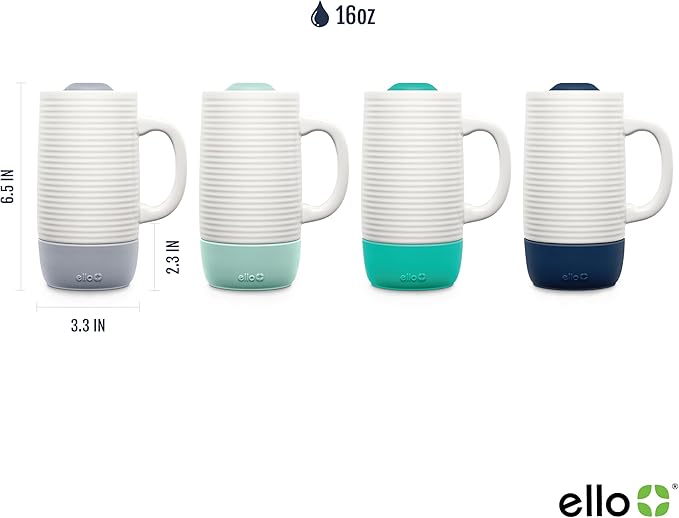 Ello Jane 18oz Ceramic Travel Mug with Handle, Splash-Resistant Slider Lid and Built-in Coaster, Perfect for Coffee and Tea, BPA Free, Dishwasher Safe, Holiday Gift Her Him, Midnight