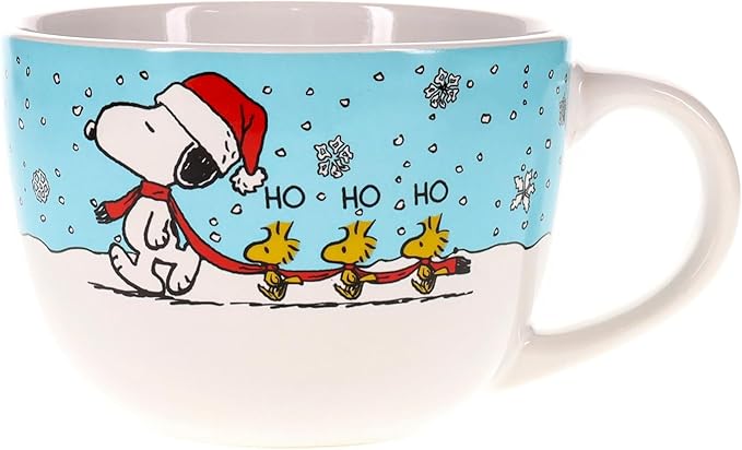 Silver Buffalo Peanuts Snoopy and Woodstock Holiday Ceramic Soup Mug Bowl With Handle For Ice Cream, Cereal, Beverages | Holds 24 Ounces