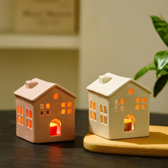 Hollowed Ceramic Village House Tealight Candle Holder for Home Fireplace Mantel Table Centerpiece Winter Holiday Christmas Decorations (Pink)