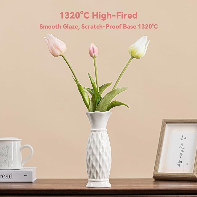 White Ceramic Vase with Diamond Texture - 8.3" Unique Flower Vase for Pampas Grass & Centerpieces, Decorative Boho/Farmhouse Vase for Living Room, Office Desk & Gift for Her/Yourself