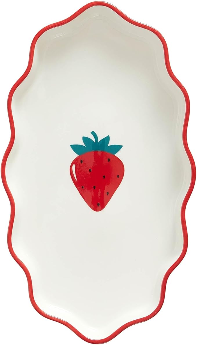 Ceramic Trinket Tray with Strawberry Design, Scalloped Edge Jewelry Dish for Vanity, Bathroom, and Desk, Small Catchall Container for Rings, Earrings, Coins, and Paper Clips