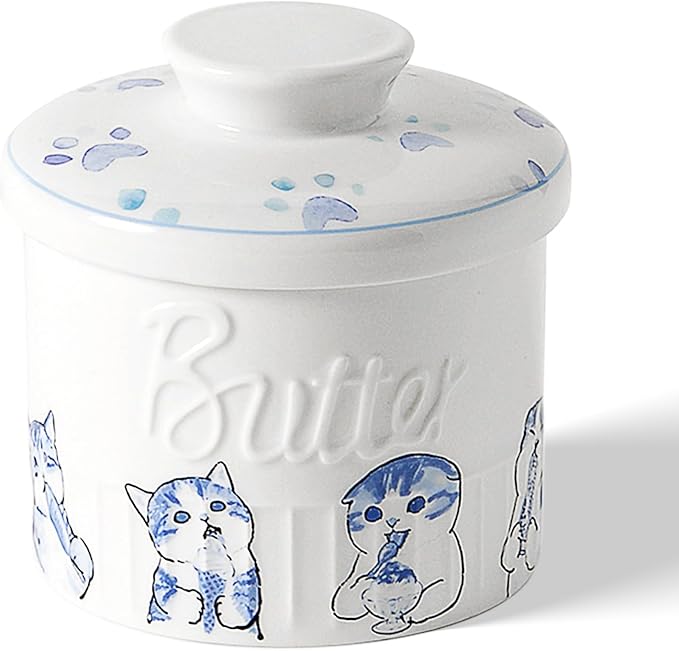 Toptier Butter Crock for Counter With Water Line, On Demand Spreadable Butter, Ceramic Butter Keeper to Leave On Counter, French Butter Dish with Lid (Hungry Cat)