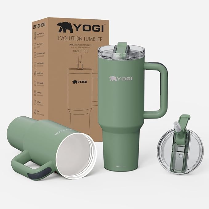 YOGI Ceramic Lined Metal Allergy Safe 40oz Tumbler with Handle and Straw Leakproof Flip & Sip Lid Vacuum Insulated Stainless Steel Travel Cup for Iced Coffee Water and All-Day Hydration 40oz Sage