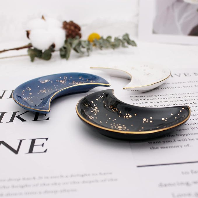 Soddeph Small Moon Ceramic Jewelry Tray, Decorative Trinket Dish, Ring Holder Plate, Modern Accent Tray for Bathroom, Nightstand, Entryway Table, Vanity (2, White)