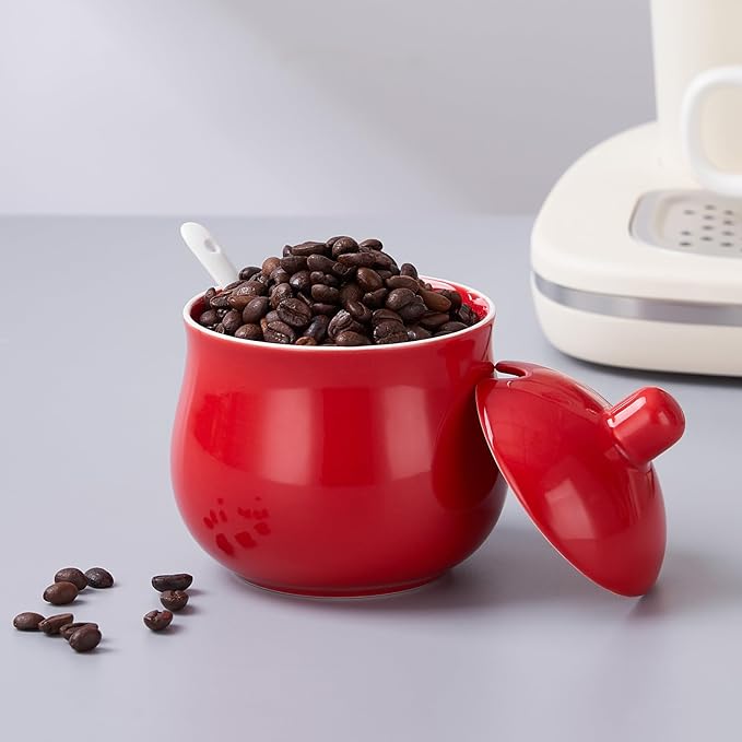 Ceramic Sugar Bowl with Lid and Spoon, Red Porcelain Sugar Salt Pepper Storage Jar, 12 Ounces