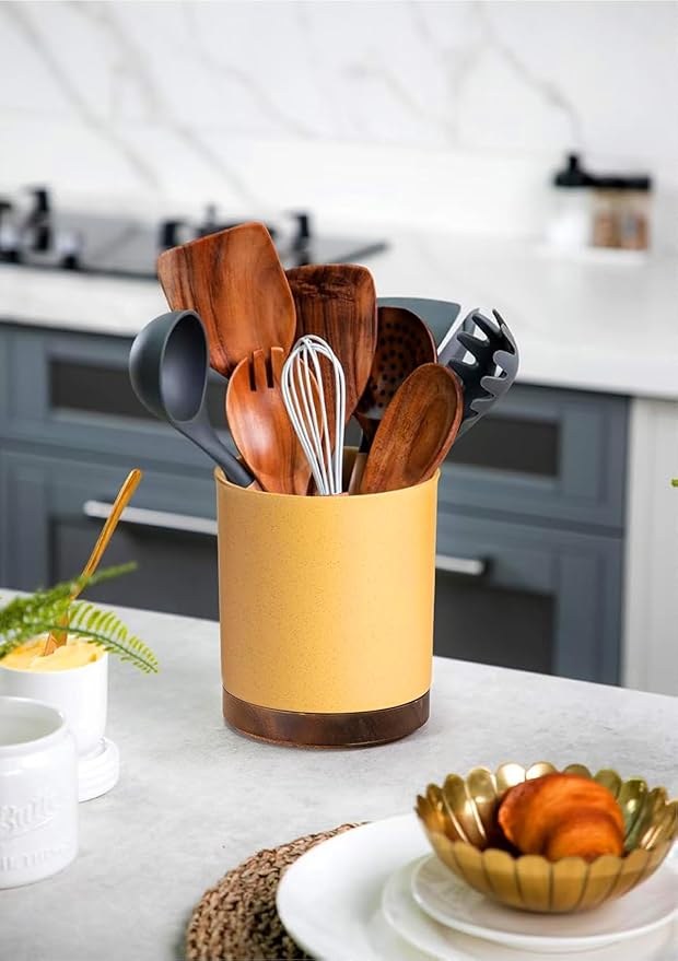 Nucookery 360°Rotating Utensil Holder, 7.2" Kitchen Utensil Crock, Ceramic Cooking Utensil Organizer with Countertop-Protection Cork Bottom for Farmhouse Kitchen Decor Christmas (Yellow Sand)