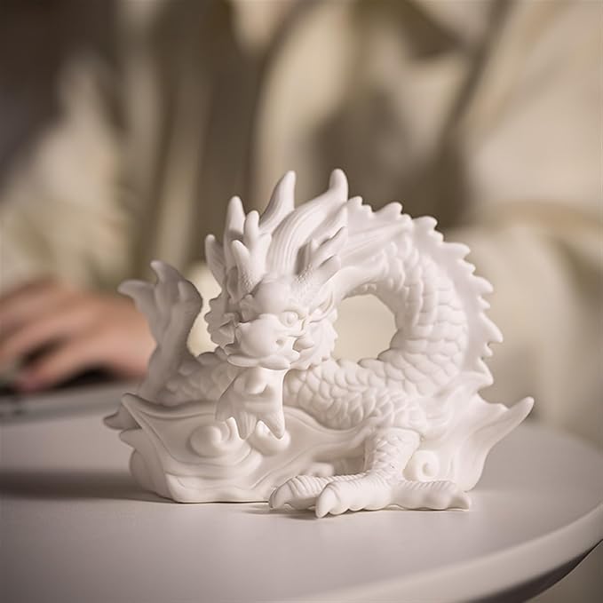 SWLOM Garden Decor Chinese Feng Shui White Dragon Figurine, Asian Patio Decor, Ceramic Oriental Dragon Sculpture Tabletop Ornaments