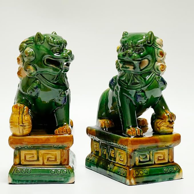 Handcrafted Ceramic Feng Shui Foo Dog Statues Pair Asian Guardian Lions for Office, Home, Housewarming, and Store Opening Gifts Traditional Chinese Decor,Dark Green,5.12 * 7.48in