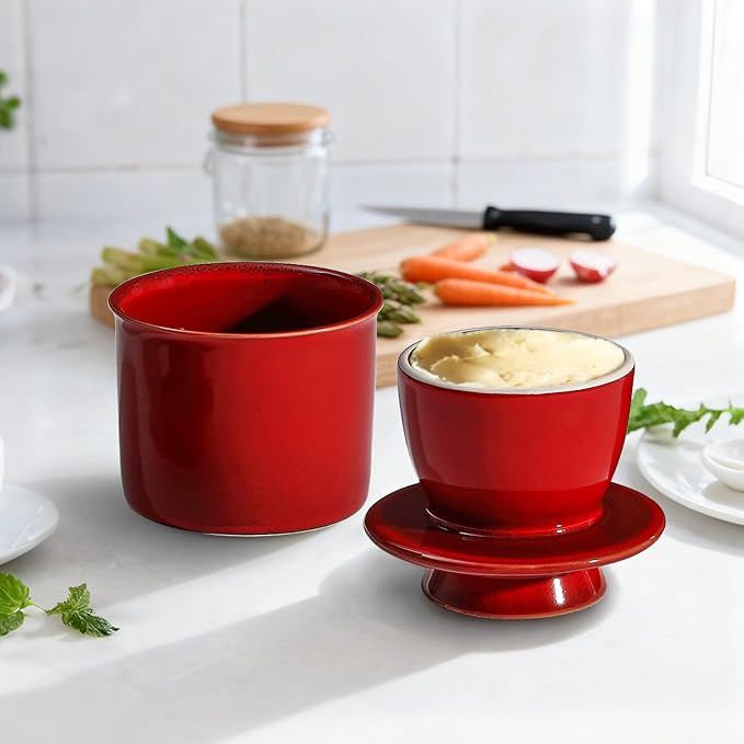 Red French Butter Dish，Handmade Reactive Glaze Ceramic Butter Crock with Water Line for Speradable Fresh Butter