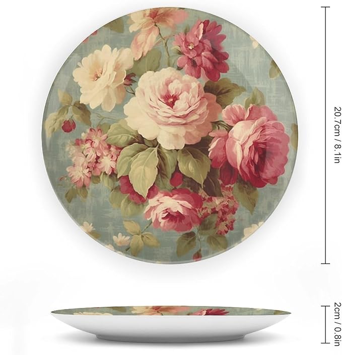 Pink Cabbage Roses Romantic Aqua Ceramic Decorative Plate, Custom Ceramic Dinner Plates for Kitchen Table Housewarming Gifts Decor, Unique Art with Stand Art Decorations for Club Household