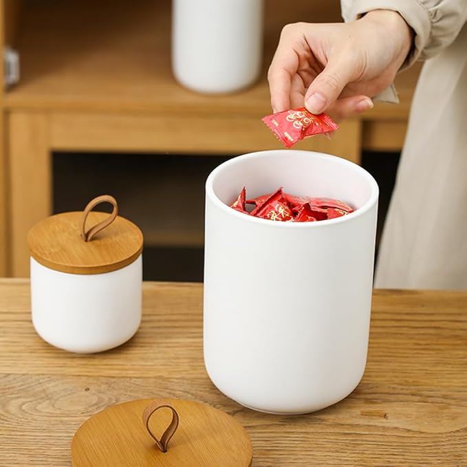 Simcat Modern Rustic Ceramic Food Storage Jar Canister - Airtight Seal Bamboo Lid, Three-Piece Set in White