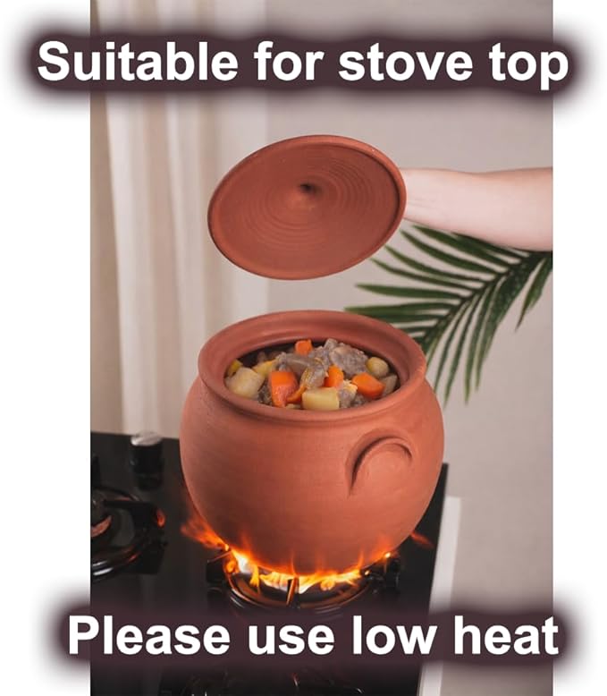 Large Earthenware Clay Mud Eathern Terracotta Cooking Pot Pottery Cazuela Cookware with Lid Natural Stovetop Stove Top Stone Stew Rice Unglazed Mexican Indian Kitchen Oven Terra Cotta Handcrafted Traditional Healthy (7.3 Quarts - Size3)