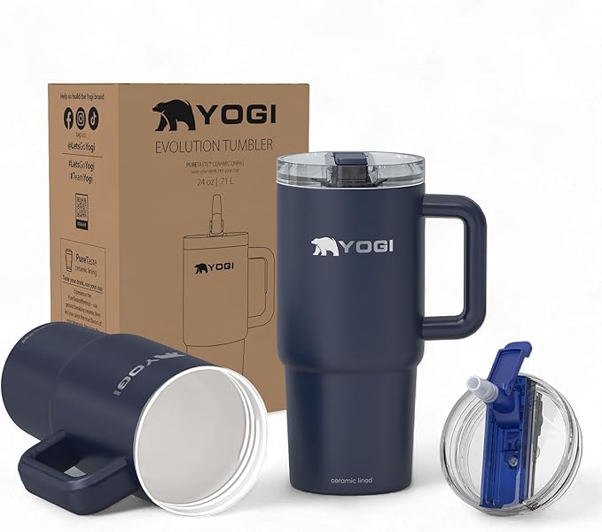 YOGI Ceramic Lined Metal Allergy Safe 24oz Tumbler with Handle and Straw Leakproof Flip & Sip Lid Vacuum Insulated Stainless Steel Travel Cup for Iced Coffee Water and All-Day Hydration 24oz Eclipse